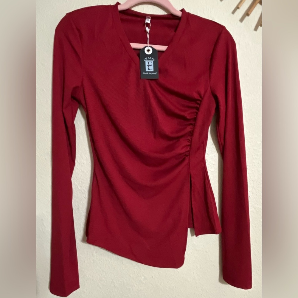 Two Piece Wine Red Outfit Ribbed Top & Pant Set - Picture 2 of 12